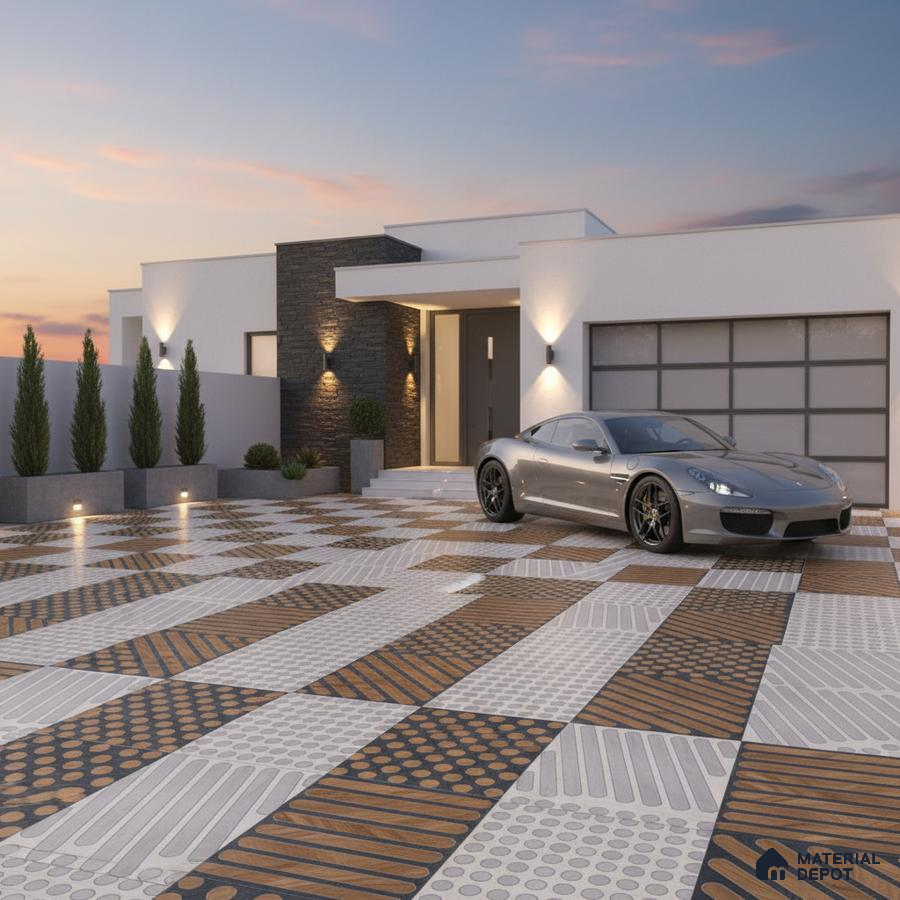 Modern parking with geometric patterned anti-skid tiles and wood-look accents
