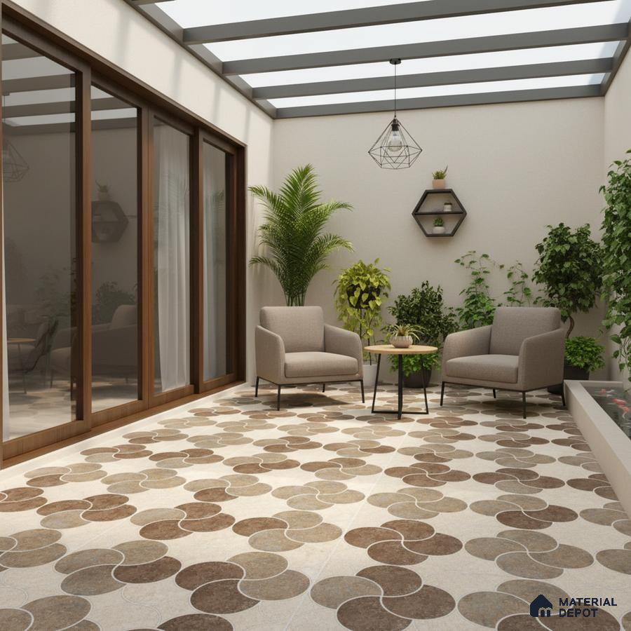 Modern balcony with geometric brown patterned floor tiles and glass roof