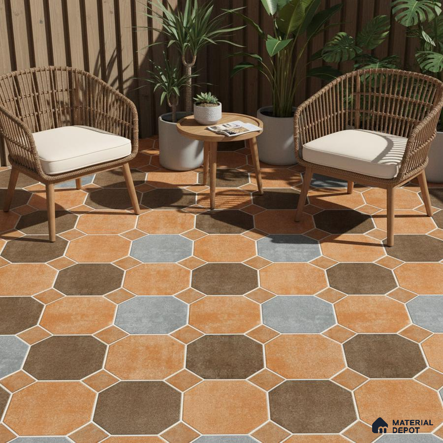 Scandinavian outdoor seating with terracotta and grey octagonal floor tiles and wooden louver fencing