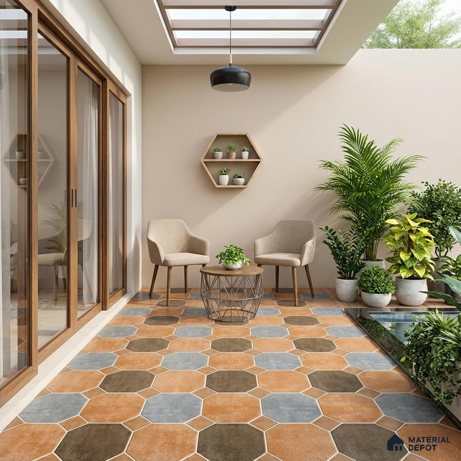 Modern balcony with multicolor octagonal floor tiles and beige wall paint