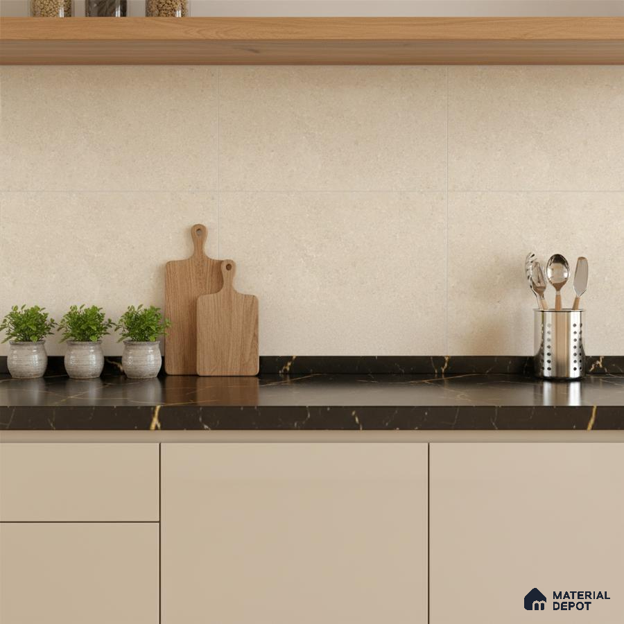 Minimalist kitchen with beige laminate cabinets, black marble countertop, and cream stone wall tiles