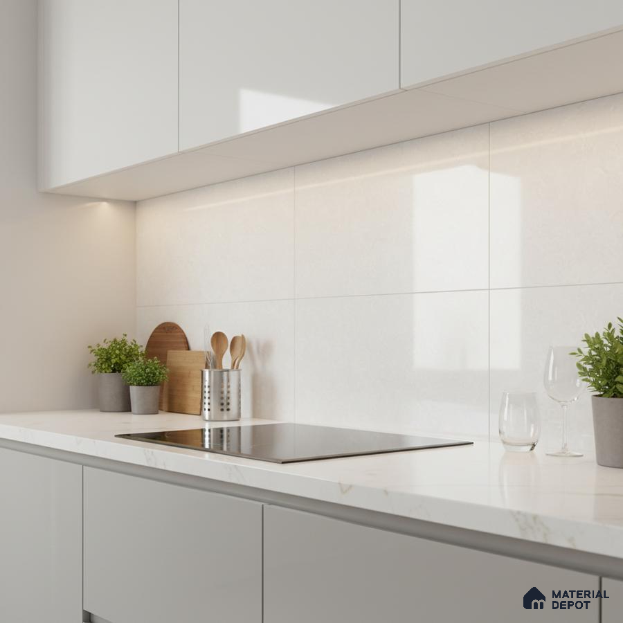 Minimalist kitchen with frosty white laminate cabinets and white marble-look quartz countertop