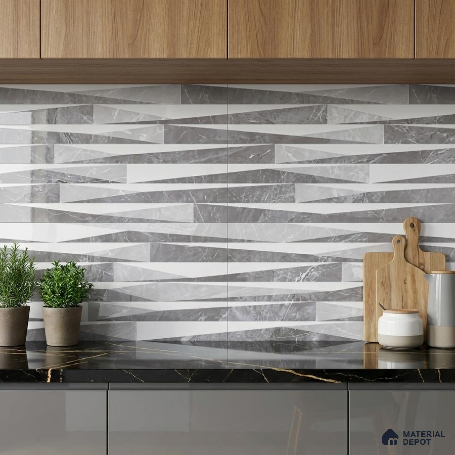 Modern kitchen with geometric marble-look backsplash tile, black marble countertop, and walnut wood laminate cabinets