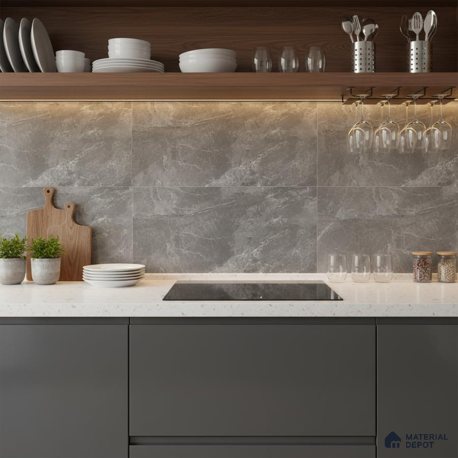 Modern kitchen with grey marble-look backsplash tile, white quartz countertop, and matte grey laminate cabinets