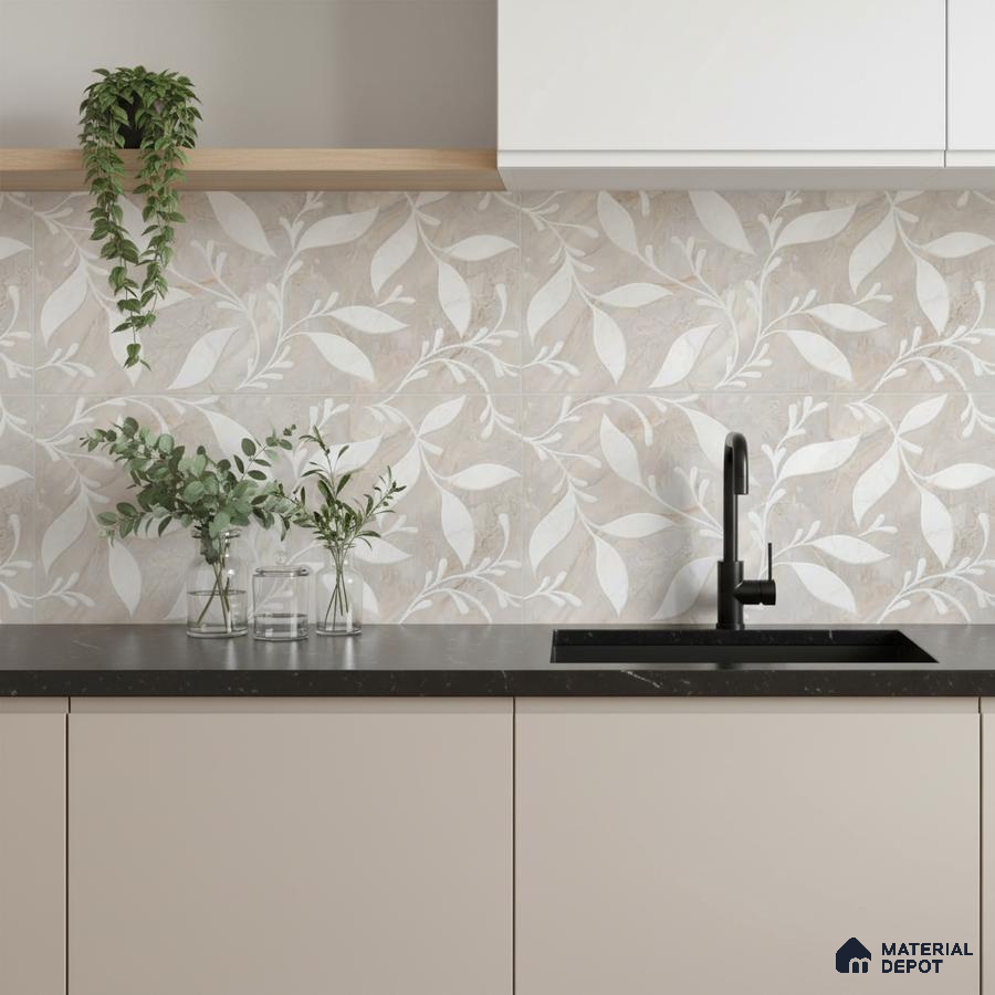 Modern kitchen with beige floral patterned backsplash tile and black quartz countertop