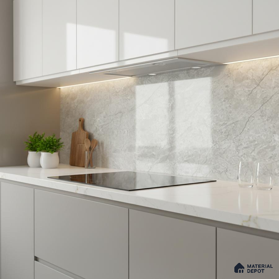 Minimalist kitchen with frosty white laminate cabinets and marble-look backsplash