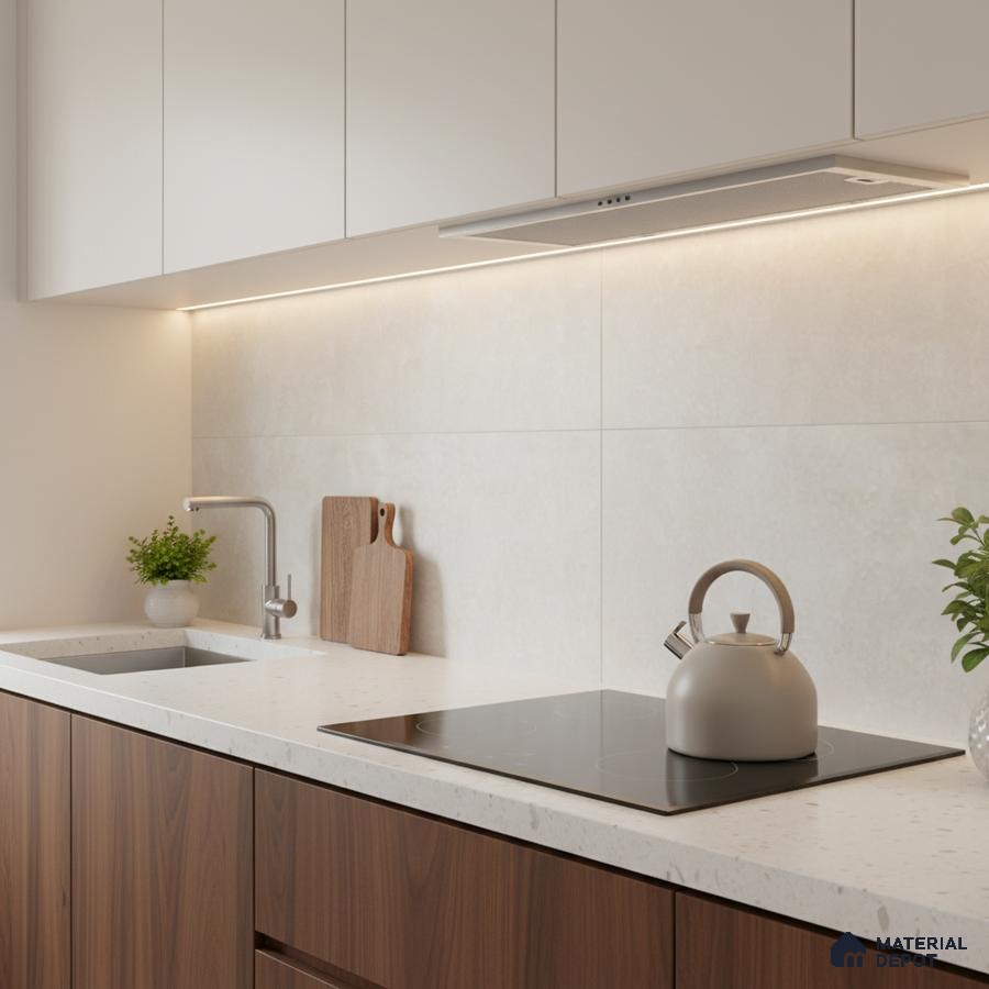 Minimalist kitchen with walnut wood laminate base cabinets, frosty white laminate wall cabinets, and white quartz countertop