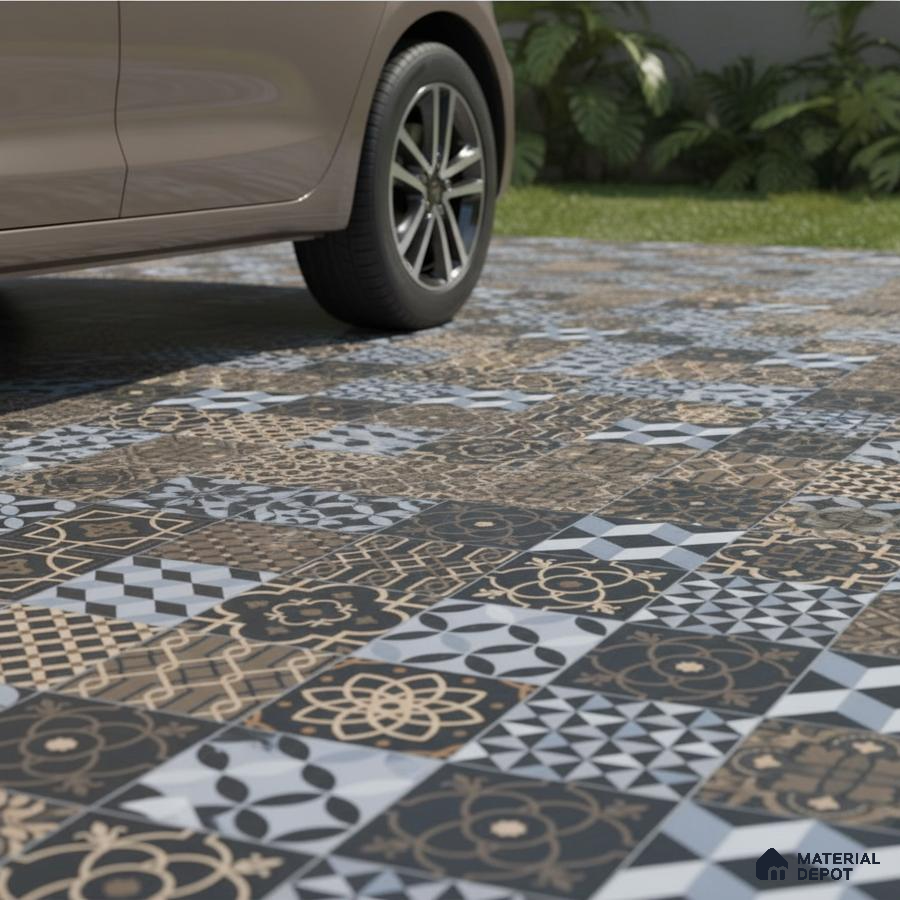 Modern parking with black and beige geometric patterned parking tiles