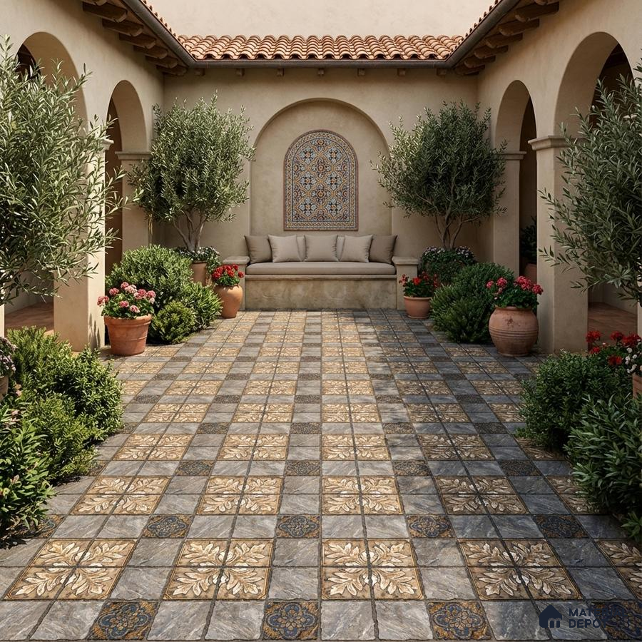Mediterranean outdoor courtyard with patterned ceramic floor tiles and terracotta planters