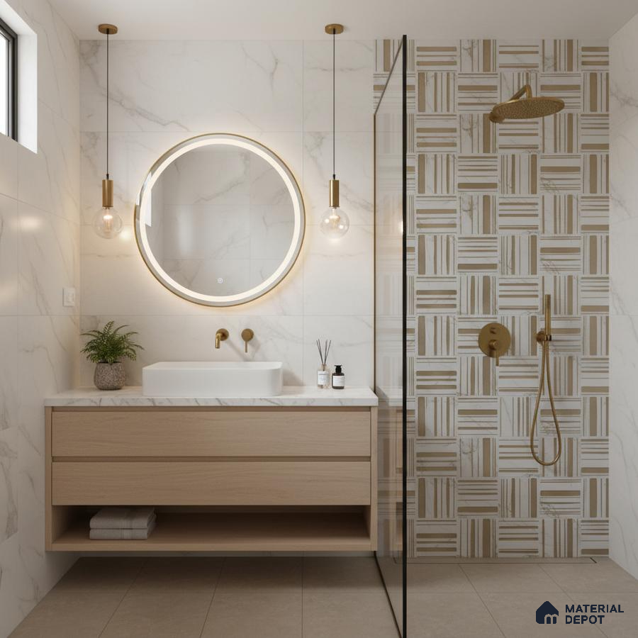 Modern bathroom with marble wall tiles, beige geometric highlighter shower wall, and light wood floating vanity