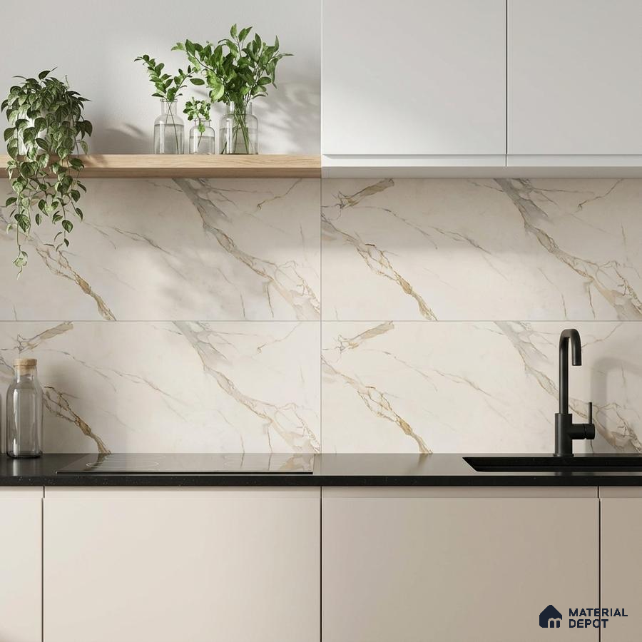 Modern kitchen with white marble-look backsplash tile, matte white laminate cabinets, and black quartz countertop
