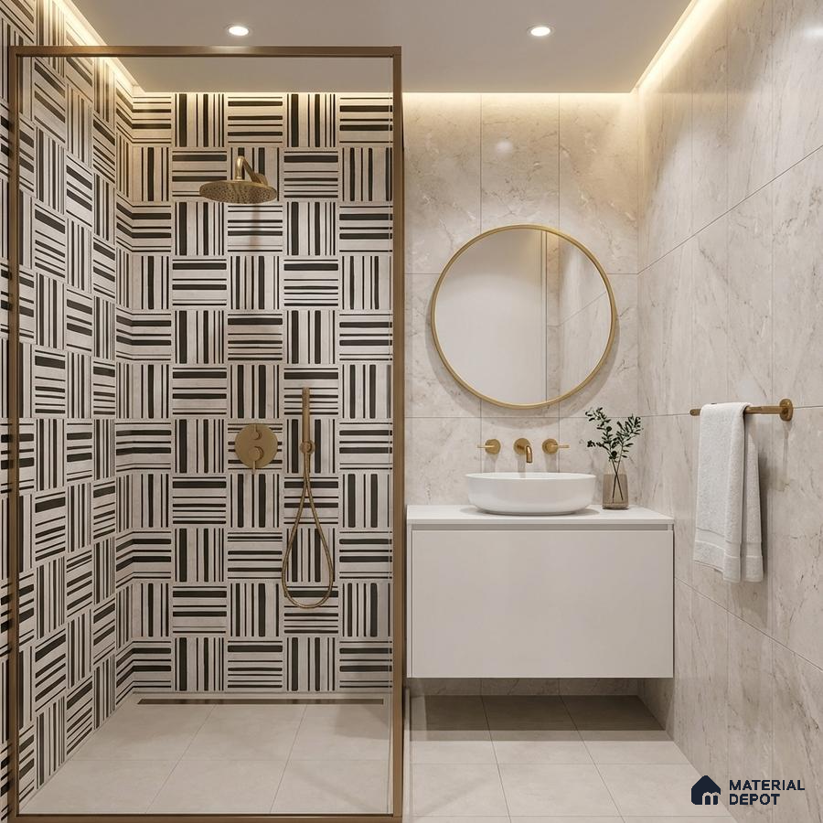 Modern bathroom with black-and-white geometric wall tiles and beige marble-look wall tiles