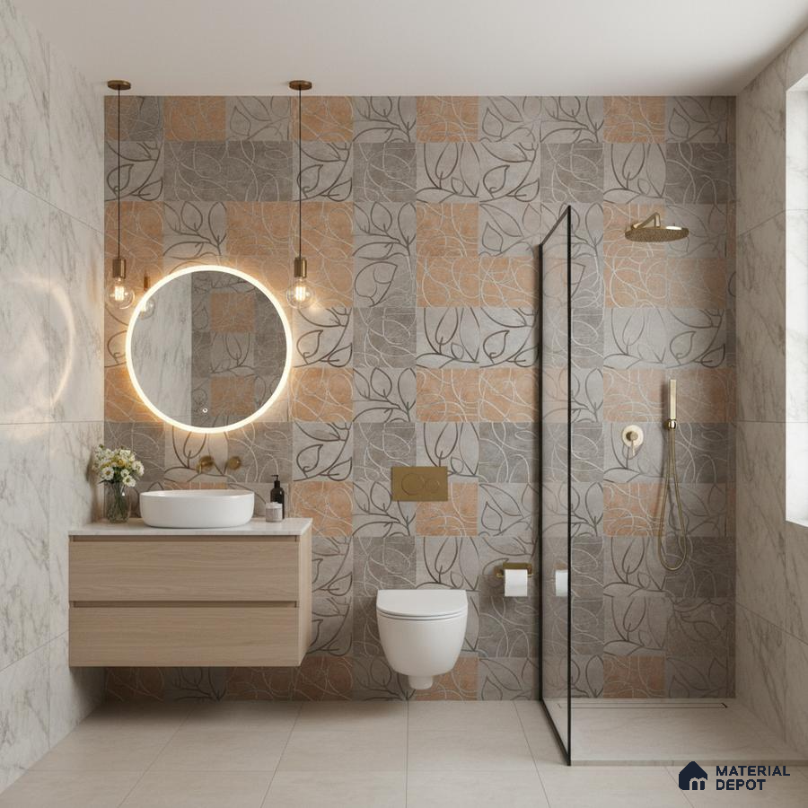 Modern bathroom with beige and grey patterned wall tiles, marble-look wall tiles, and floating wood vanity