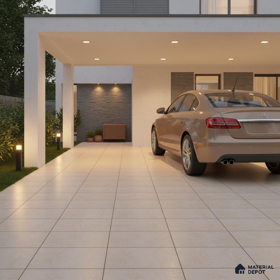 Modern parking with large beige floor tiles and grey stone cladding accent wall