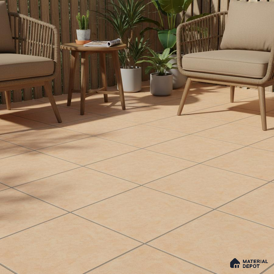 Scandinavian balcony with beige ceramic floor tiles and wooden louver railing