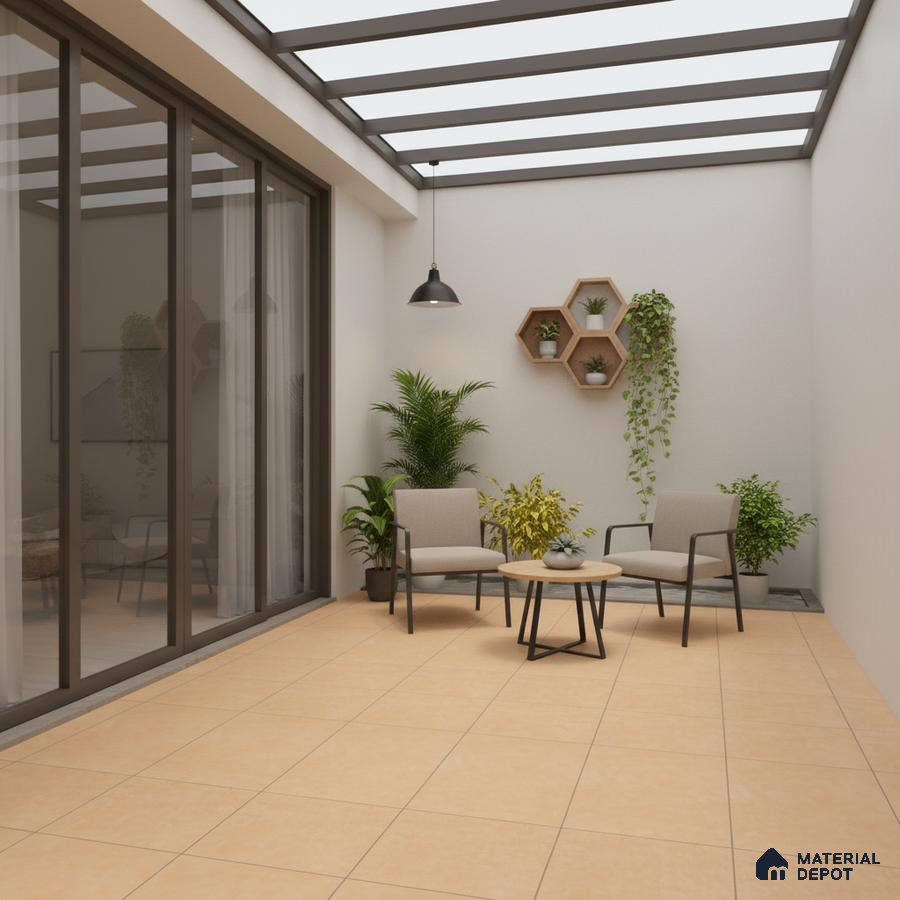 Minimalist balcony with beige floor tiles and modern outdoor seating