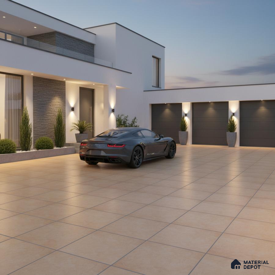 Modern parking with beige outdoor floor tiles and stone cladding accent wall