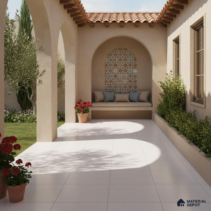 Mediterranean outdoor patio with terracotta roof, patterned moroccan wall tile, and white floor tiles