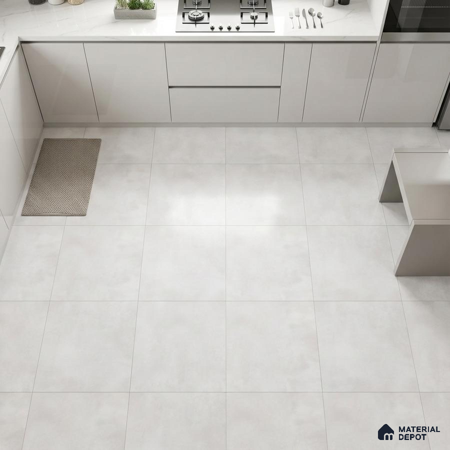Minimalist kitchen with frosty white laminate cabinets and matte white floor tiles