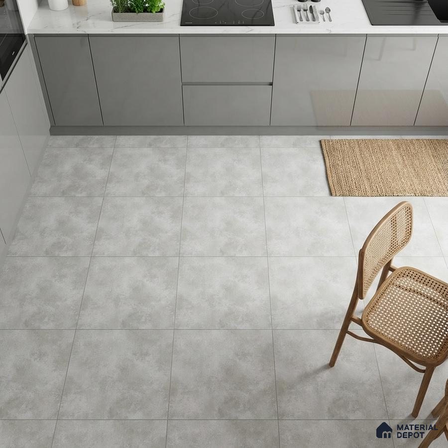 Modern kitchen with grey high gloss laminate cabinets and light grey stone-look floor tiles