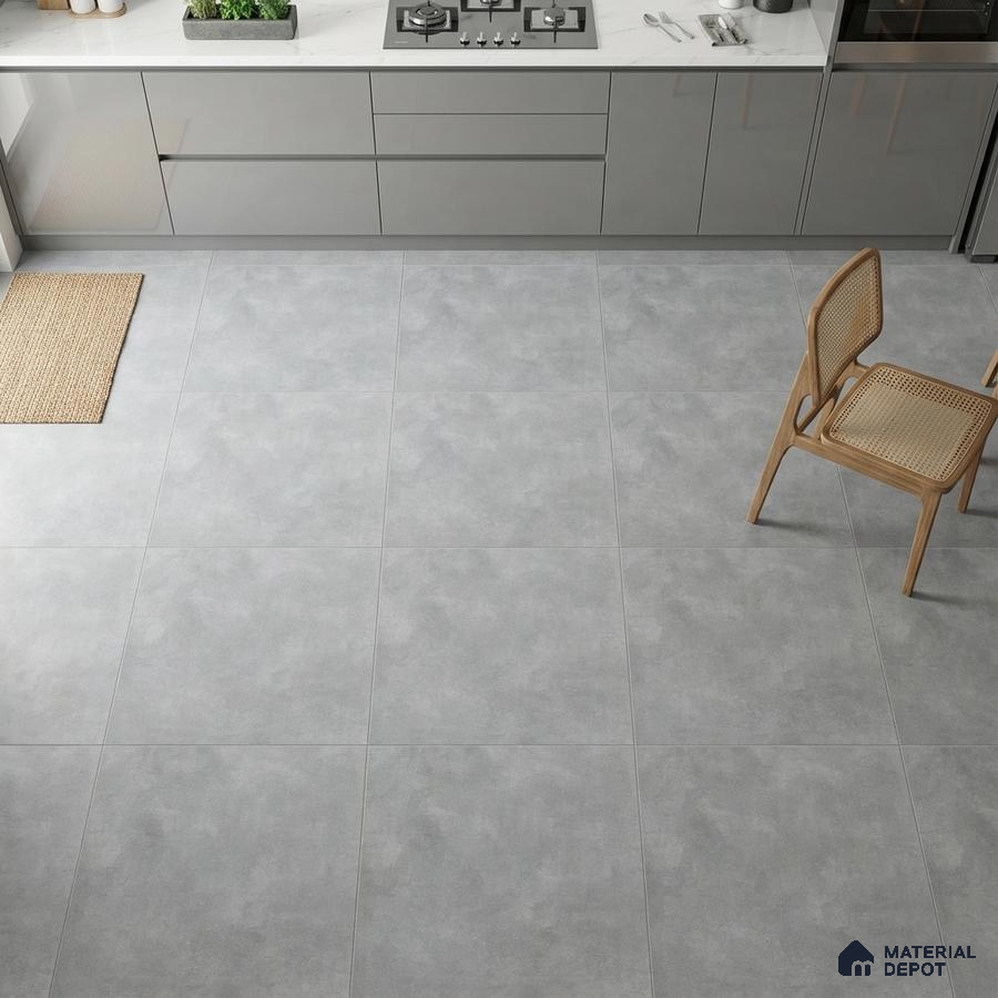 Modern kitchen with grey high gloss laminate cabinets and light grey stone-look floor tiles