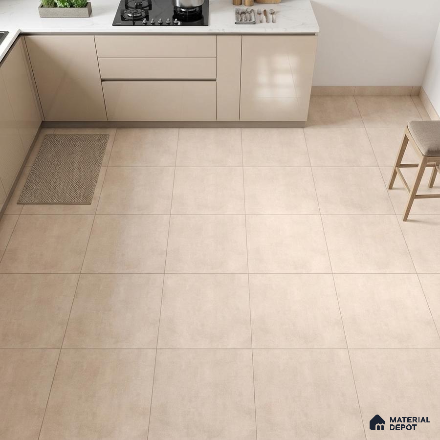 Modern kitchen with beige high gloss laminate cabinets and cream matte floor tiles