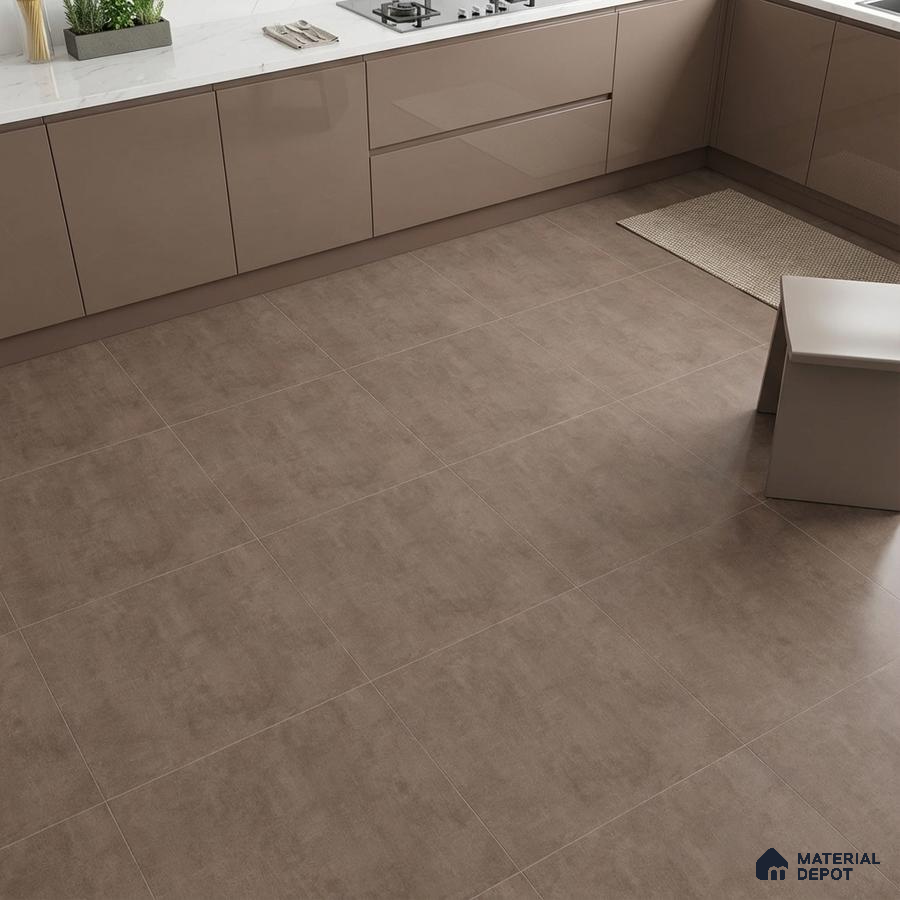Modern kitchen with taupe high gloss laminate cabinets and matte taupe floor tiles