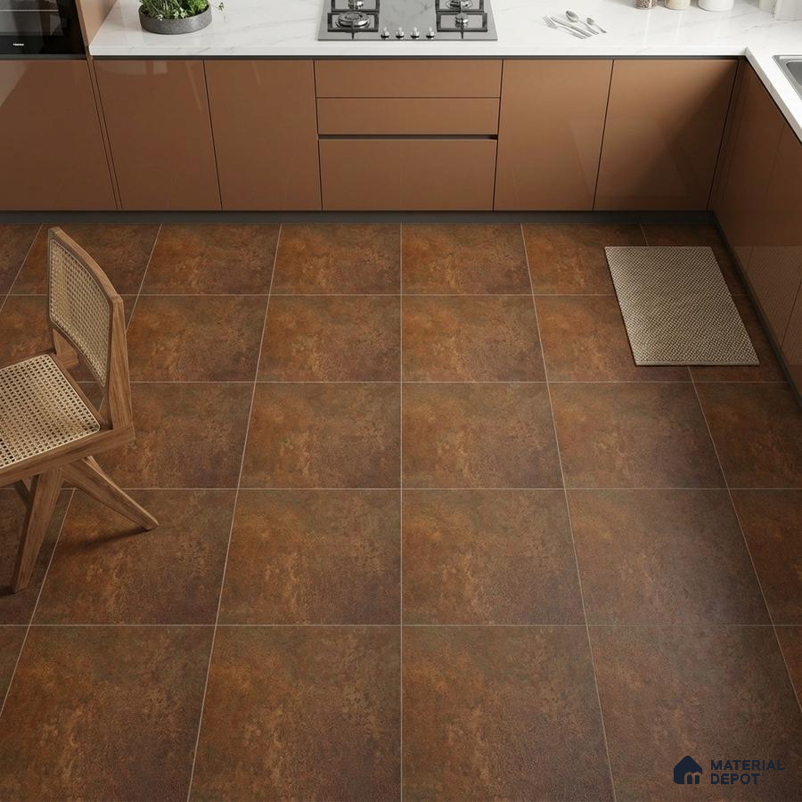 Modern kitchen with brown glossy laminate cabinets and rustic brown stone-look floor tiles