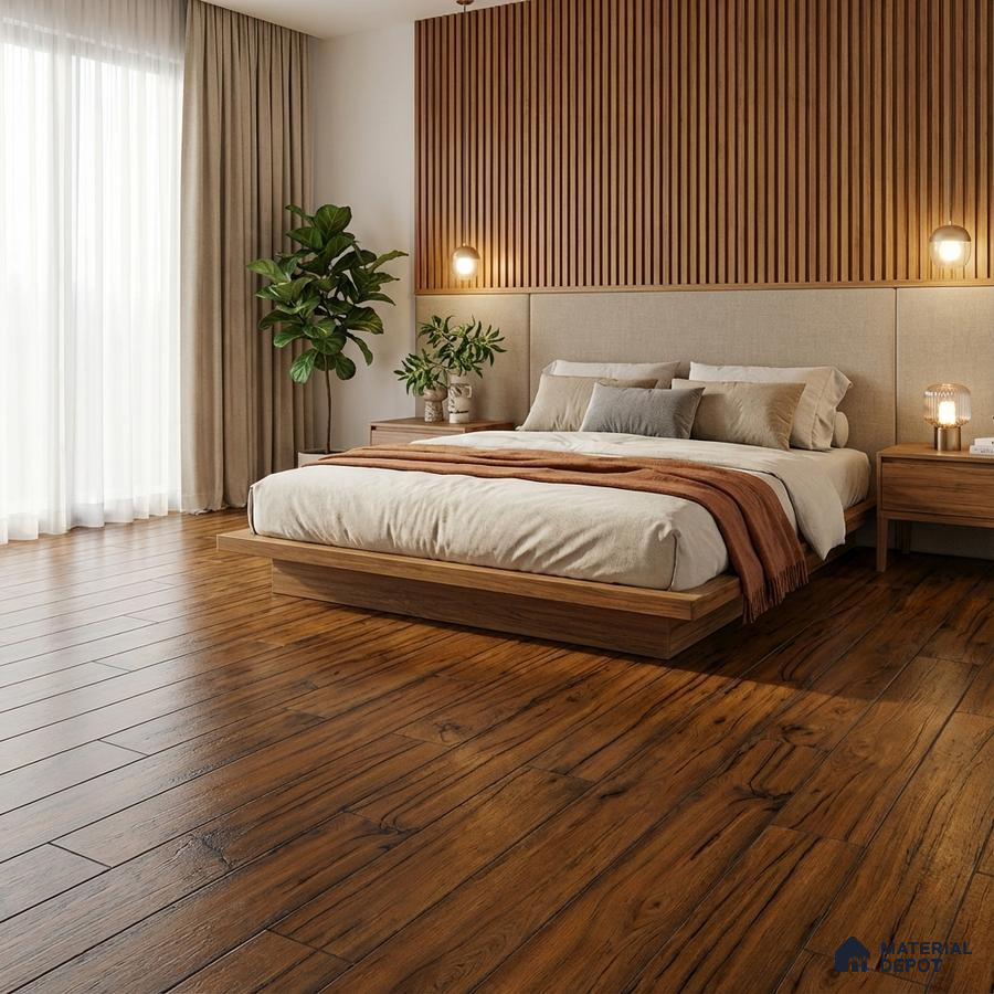 Scandinavian bedroom with oak wood flooring and vertical wood slat accent wall