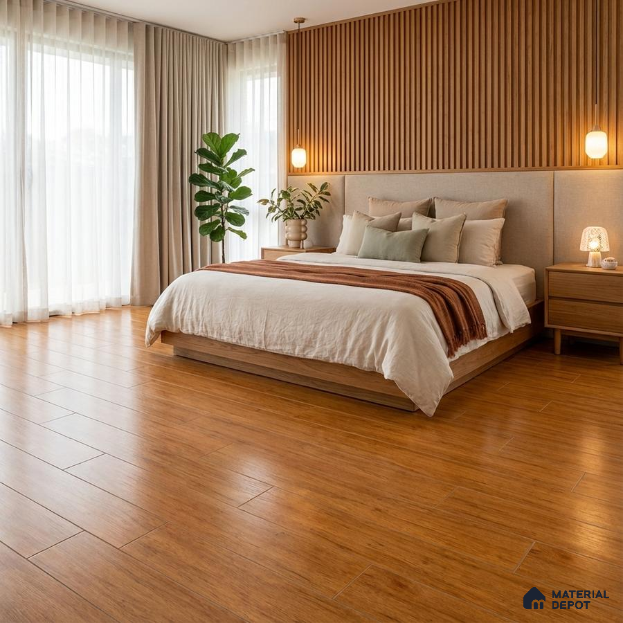 Scandinavian bedroom with oak wood flooring and vertical wood slat accent wall