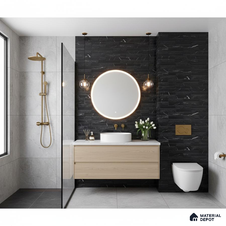 Modern bathroom with black stacked stone wall tile, light wood vanity, and grey marble wall tiles
