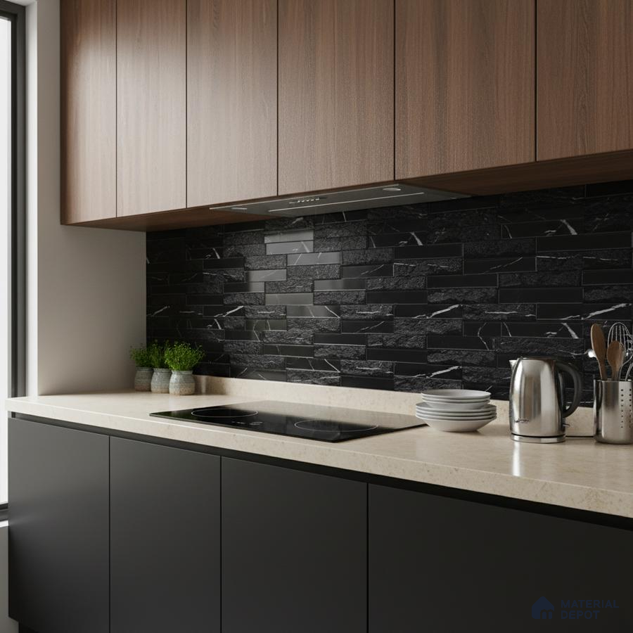 Modern kitchen with walnut laminate cabinets, black marble stacked stone backsplash tile, and beige quartz countertop