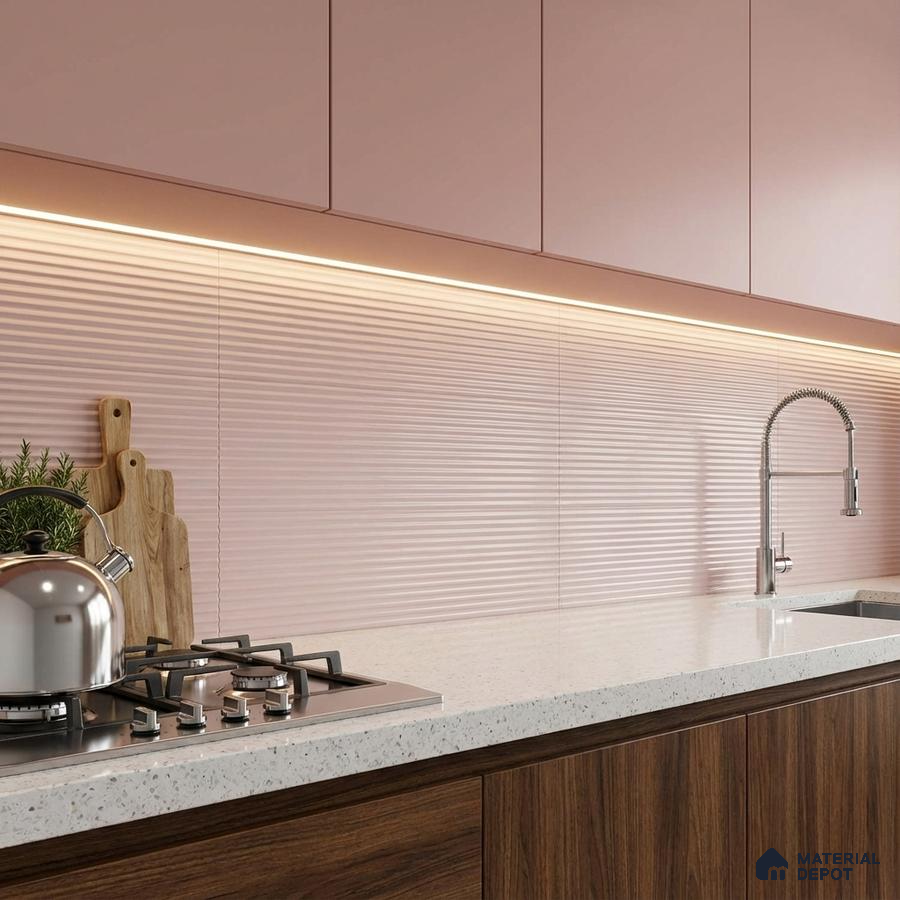 Modern kitchen with pastel pink laminate, ribbed pink backsplash tile, and walnut wood laminate base cabinets