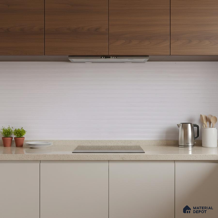 Minimalist kitchen with walnut brown laminate, frosty white base cabinets, and beige quartz countertop
