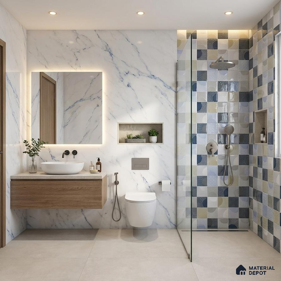 Modern bathroom with white marble wall tiles, patterned blue and beige shower tiles, and wood vanity