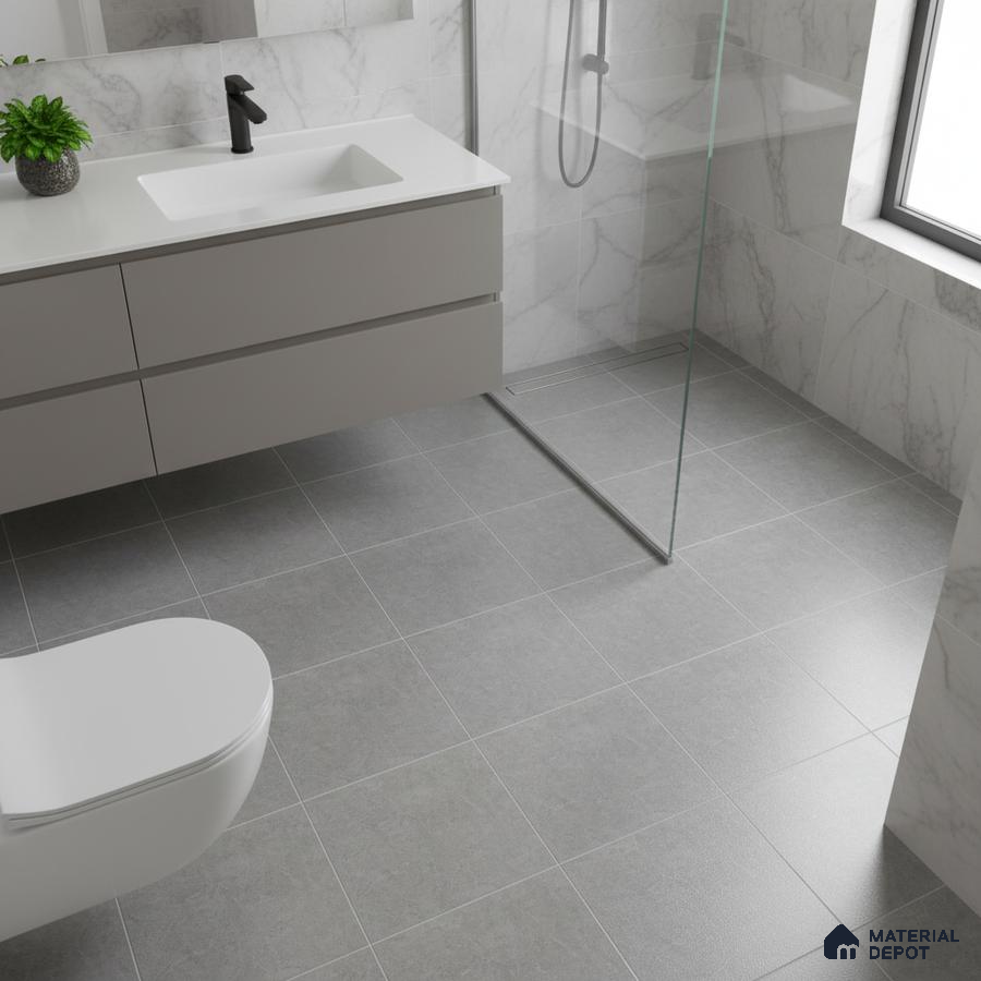 Minimalist bathroom with grey floor tiles and white marble-look wall tiles