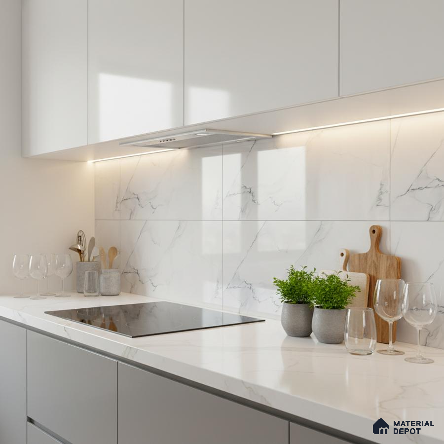 Minimalist kitchen with white marble-look backsplash tile and white quartz countertop