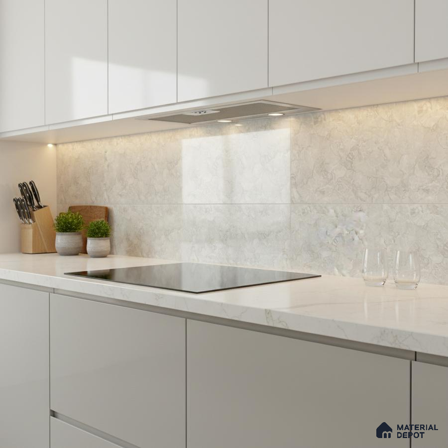 Minimalist kitchen with frosty white laminate cabinets and marble-look backsplash tile