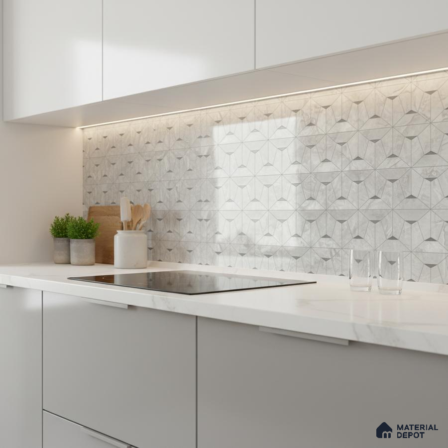 Minimalist kitchen with white laminate cabinets, white marble countertop, and geometric marble-look backsplash tile