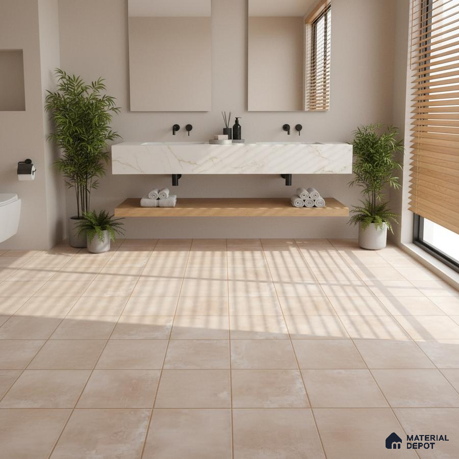 Minimalist bathroom with beige floor tiles and white marble-look floating vanity