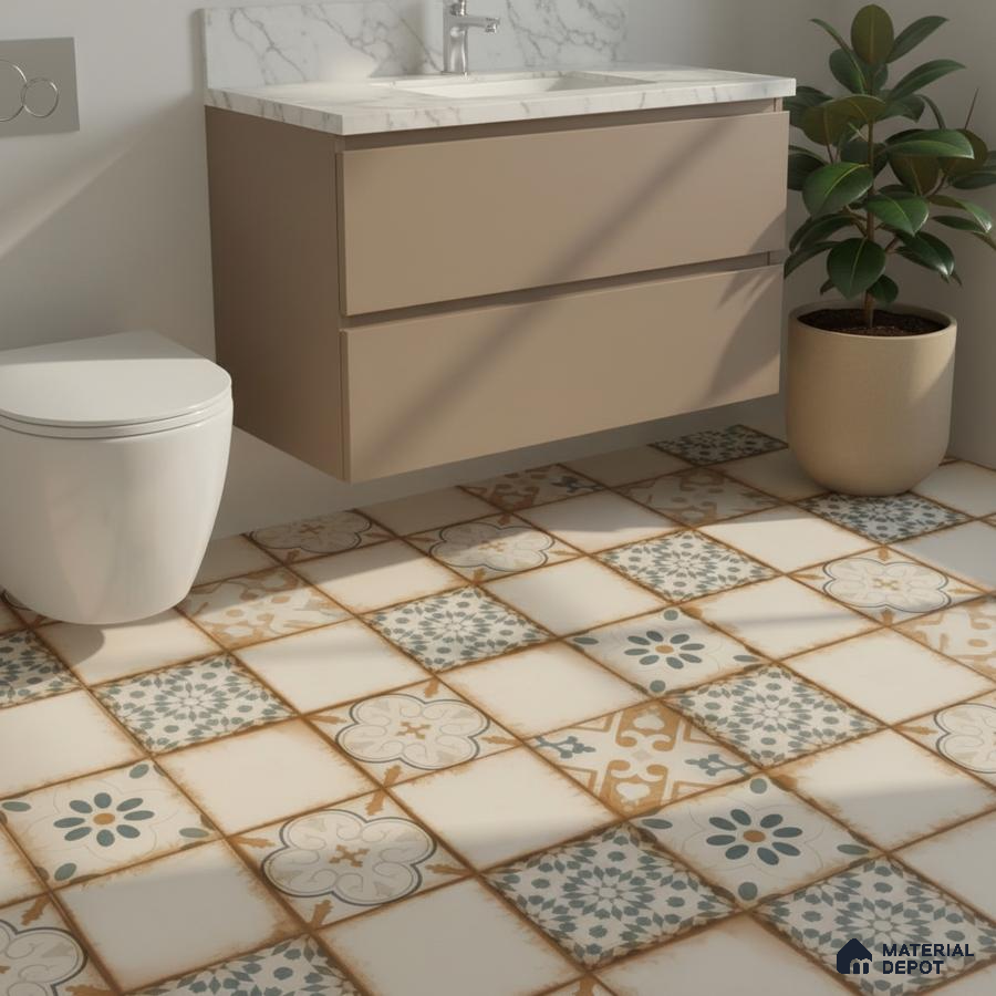 Modern bathroom with beige floating vanity, marble countertop, and patterned moroccan floor tiles