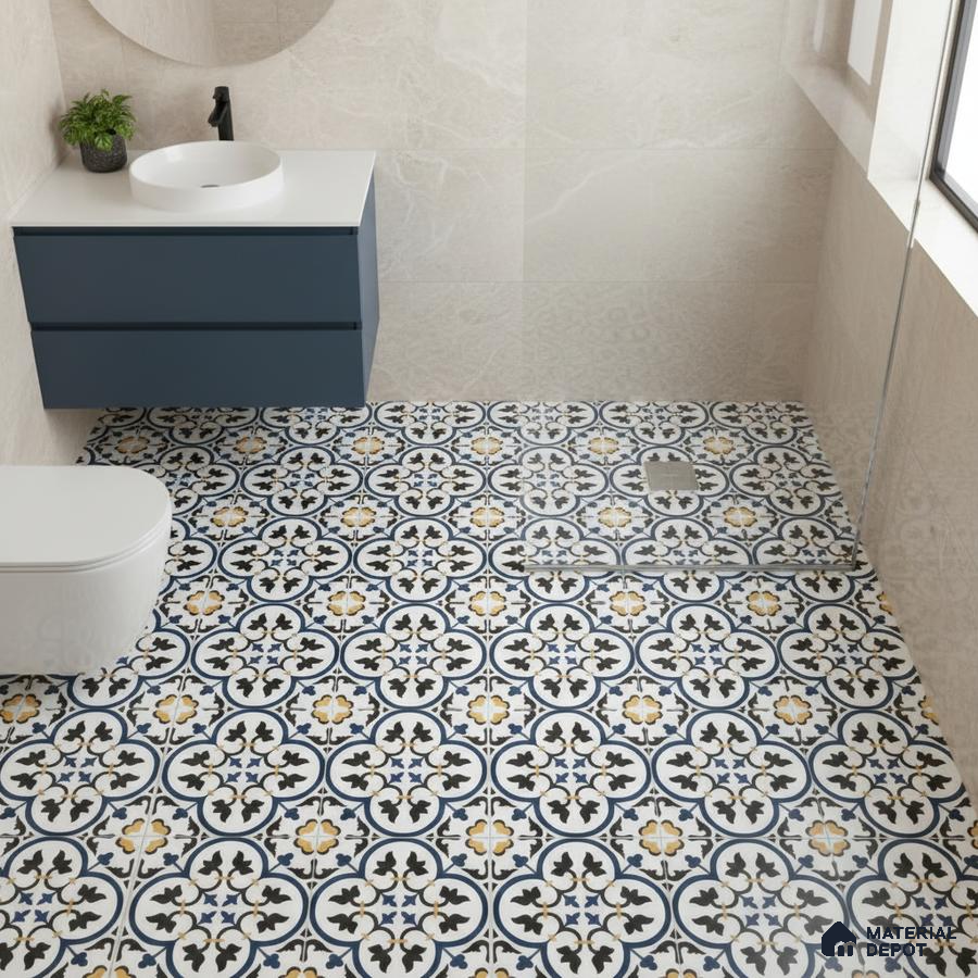 Modern bathroom with blue vanity, beige marble wall tiles, and patterned moroccan floor tiles