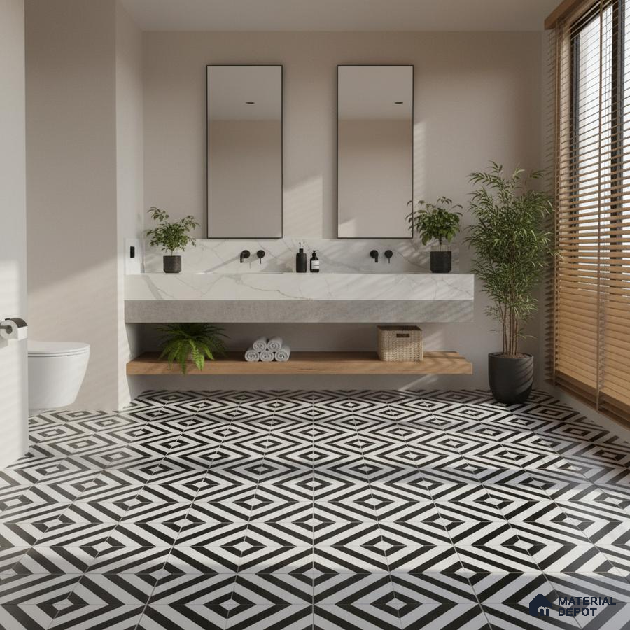 Modern bathroom with geometric black-and-white floor tiles and marble-look vanity countertop