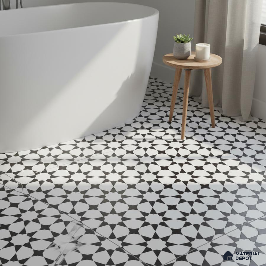 Modern bathroom with black-and-white geometric patterned floor tiles and freestanding tub