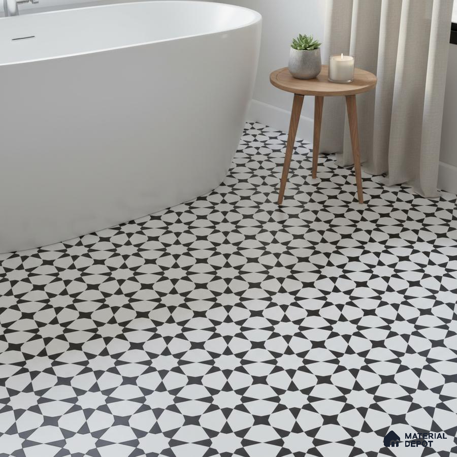 Modern bathroom with black-and-white geometric patterned floor tiles