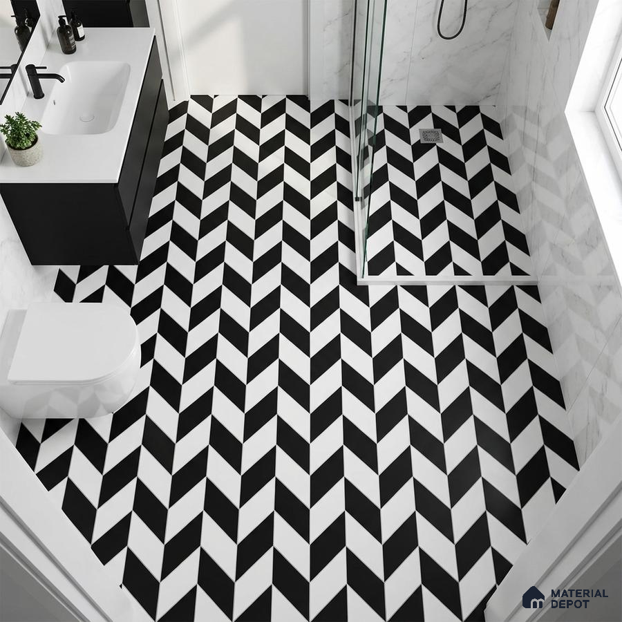 Modern bathroom with black-and-white chevron geometric floor tiles and marble wall tiles
