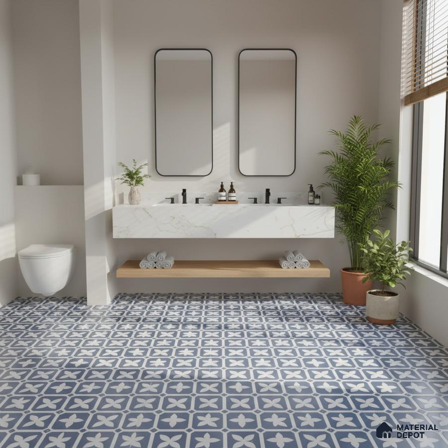Modern bathroom with blue and white geometric patterned floor tiles and marble vanity