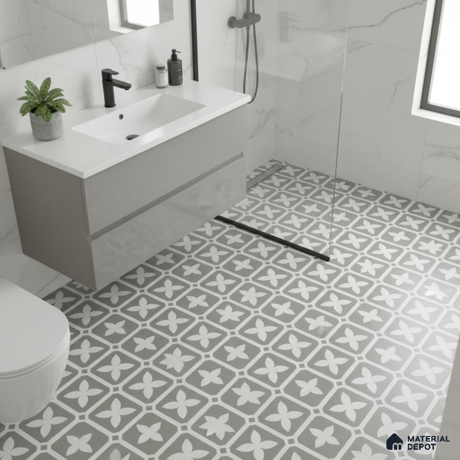 Modern bathroom with grey floral patterned floor tiles and white marble wall tiles