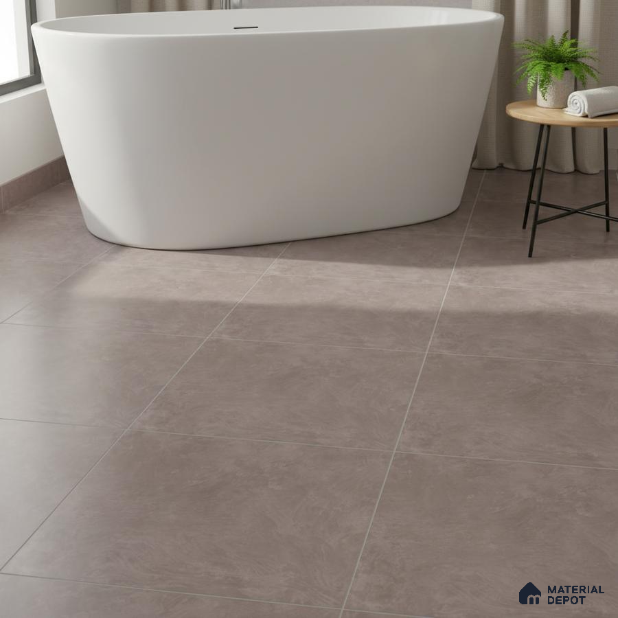 Minimalist bathroom with matte taupe stone-look floor tiles and freestanding tub