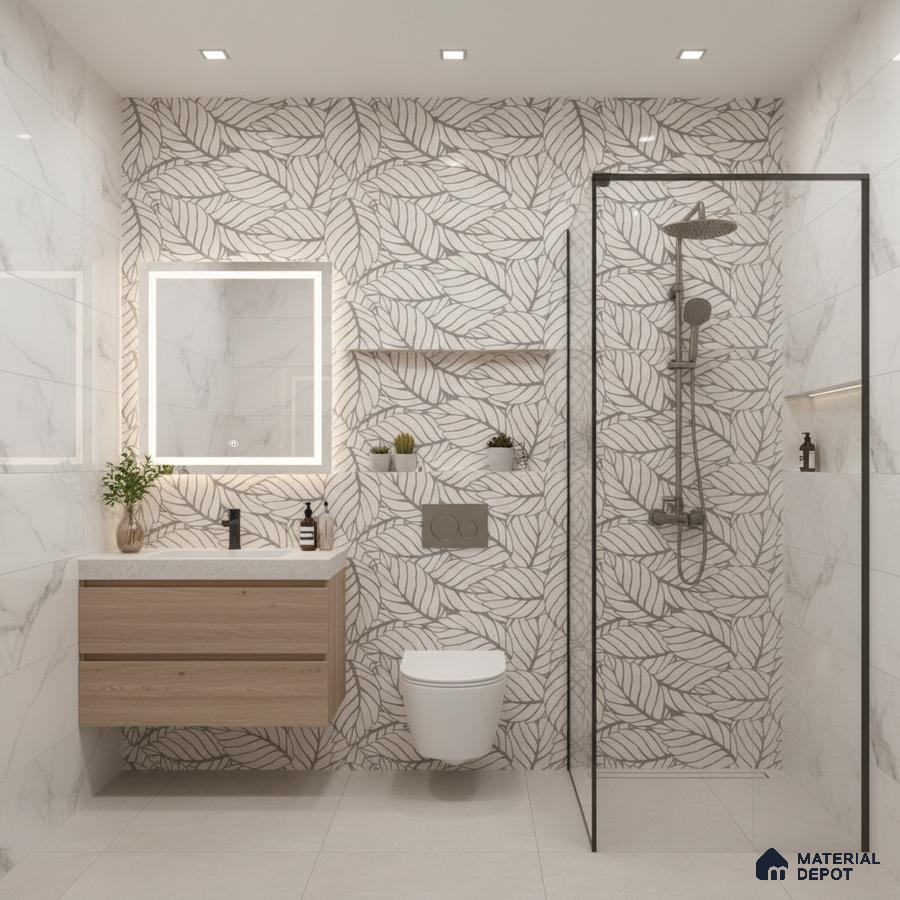 Modern bathroom with leaf-patterned highlighter wall tiles, marble-look wall tiles, and light wood floating vanity